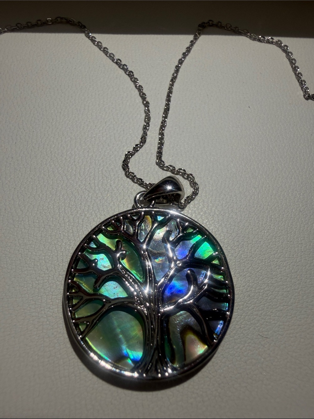 White gold filled Tree of Life Abalone Pendant Necklace -  16 -18 necklace